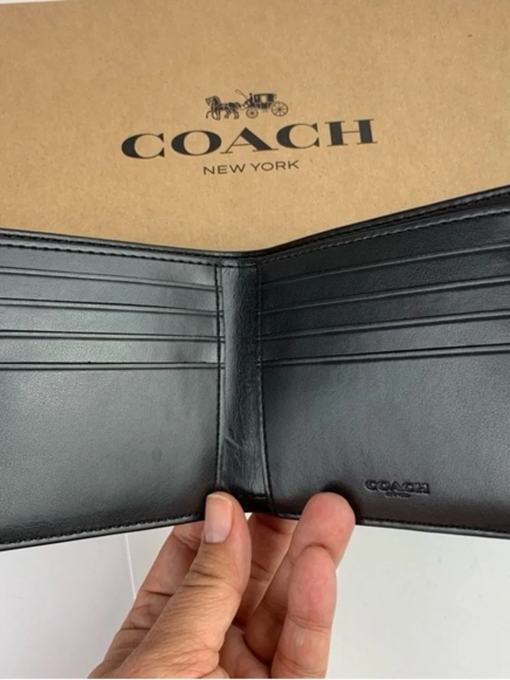 Unisex Coach Brown Signature Pattern Leather Bi-Fold Wallet